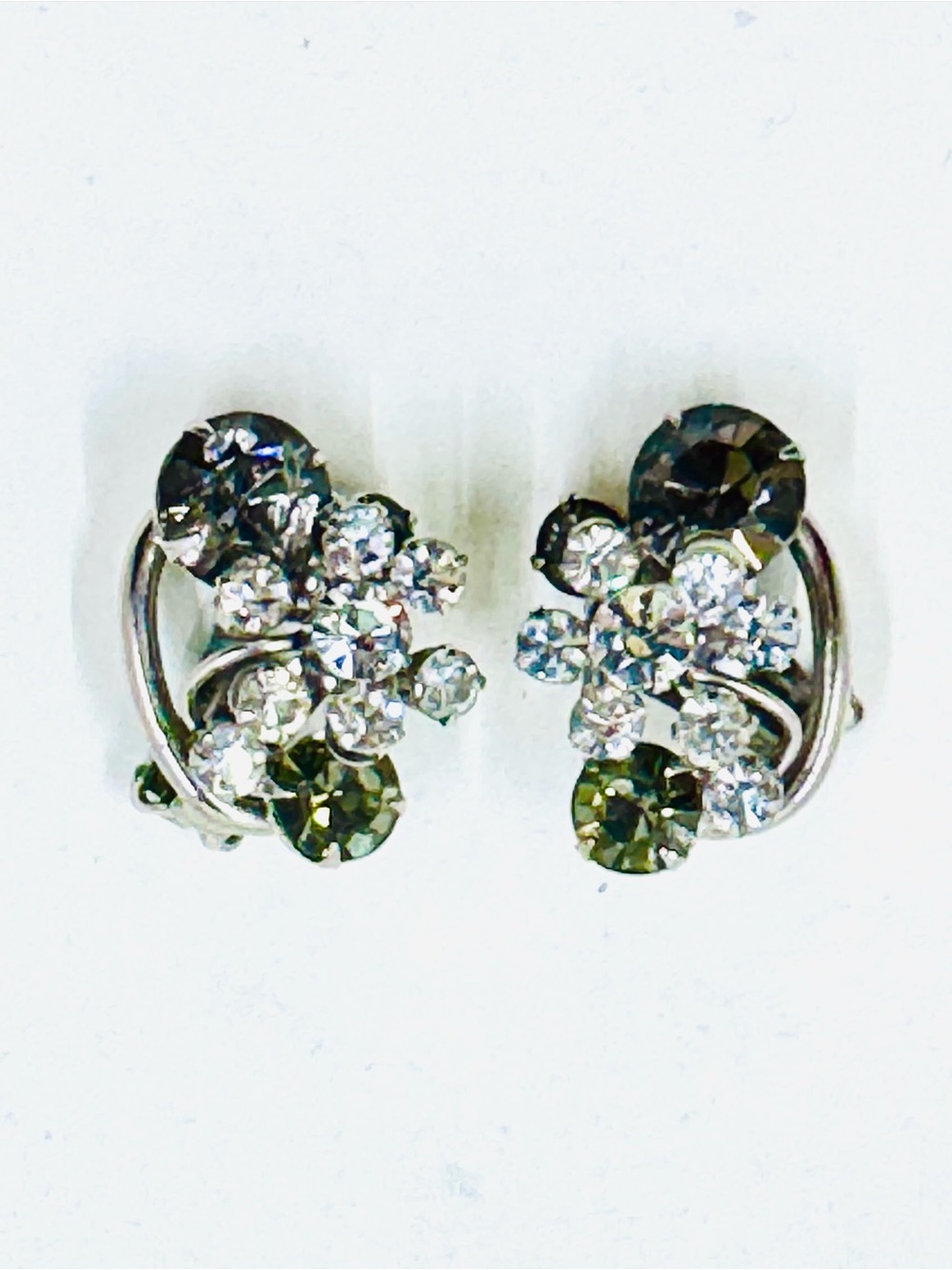 Juliana D&E Vintage Floral Olive Green & Clear Rhinestone Oval Clip-On Earrings